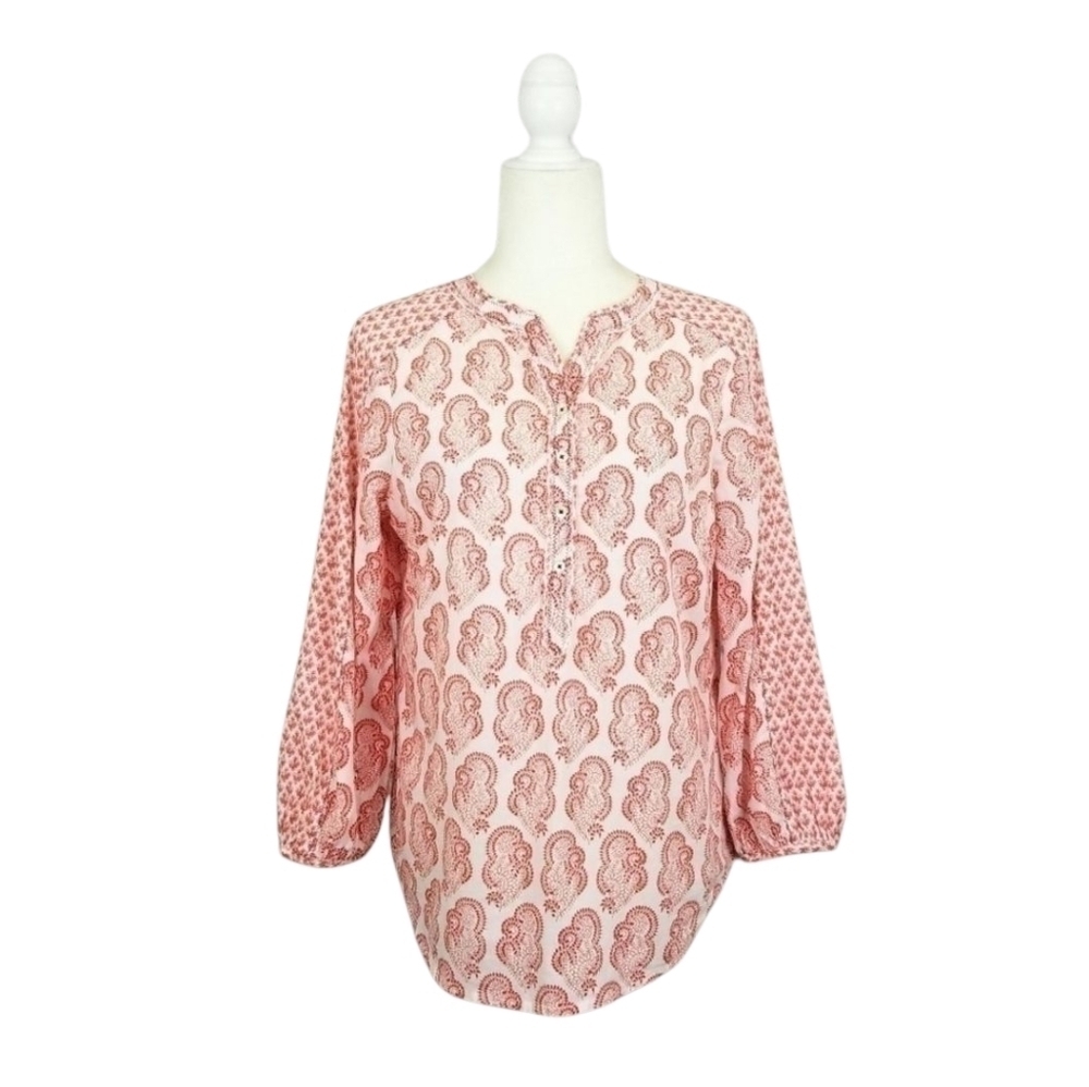 Sundance white red paisley print popover halfway buttoned tunic top women's  XS